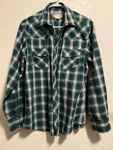 WRANGLER WRANCHER Men's Western Pearl Snap L/S Plaid Shirt Green Blue Size L - Picture 1 of 4