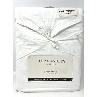 LAURA ASHLEY Percale Cotton CAL CALIFORNIA KING Sheet Set Solid White NWT - Image 1 of 4