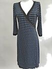 Max Studio Wrap Dress V-Neck 3/4 Sleeves Attached Ties Blue Black Dots Stripe S