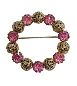 VTG Brooch Pink Rhinestone Gold Tone Circle Pin Filigree Sphere Prong Wreath - Picture 1 of 6