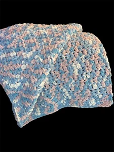 Handmade Chunky Crocheted Knit Lap Blanket-Soft Yarn Throw-Pink & Blue-48 x 80" - Picture 1 of 4