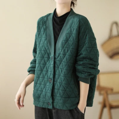 Women Loose Quilted Jacket Coat Top Button V-Neck Retro Style Casual Chic Daily - Image 1 of 4