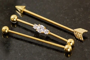 3 Pc Gold Plated C.Z. Arrow, Plain Industrial Barbells, Cartilage 14g 1.5" - Picture 1 of 3