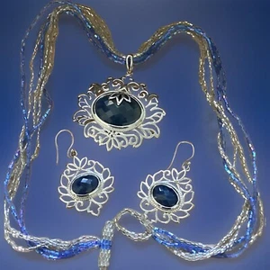 PTI 925 Sterling Signed Multi Strand Blue Earrings 19” Necklace Pendant Gemstone - Picture 1 of 23