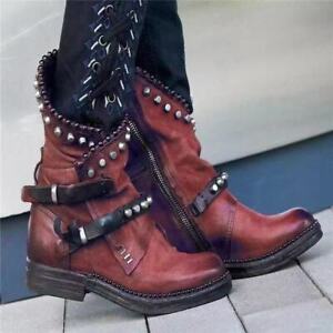 Women Round Toe Rivet Buckle Strap Ankle Boots Pull On Punk Niker Boots Retro