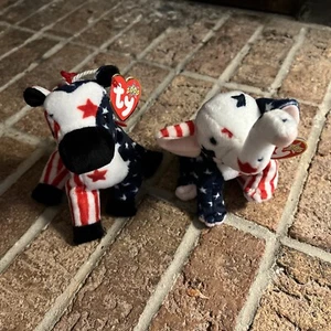Ty Beanie Babies Righty Donkey & Lefty Elephant 2000 Plush Stars And Stripes - Picture 1 of 20