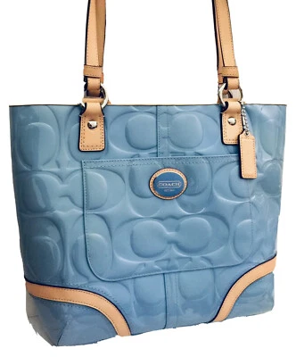 NWOT COACH SHOULDER HOBO TRAVEL TOTE BAG BLUE PATENT LTHR BROWN TRIM F22322 $385 - Image 1 of 4