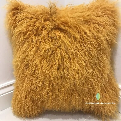 COSY MUSTARD 40CM x 40CM GENUINE MONGOLIAN SHEEPSKIN LAMB WOOL FUR CUSHION COVER - Image 1 of 4