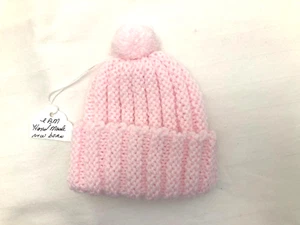 Newborn Baby/Infant Pink Pom Pom Handmade Knitted Hat Stretchable NEW - Picture 1 of 3