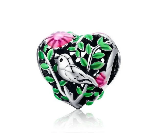 Charm Perle Herz 925 Silber Vogel Blumen - Anhänger für Pandora Armband - Bild 1 von 1