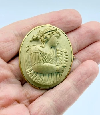 Antique Victorian Gold-Filled High Relief Lava Cameo w Plump Roman Woman w Flute - Image 1 of 4