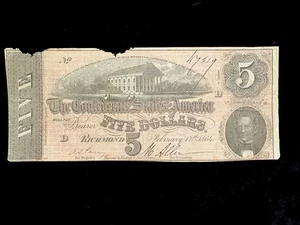 BILLETE CONFEDERADO 1864 $5 LUZ PLIEGUES, SONIDO, DEFECTUOSO EN LA PARTE SUPERIOR - Imagen 1 de 2
