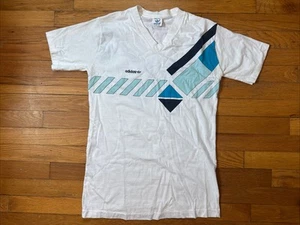 Vintage 1980s Adidas T-Shirt Graphic Front Back Single Stitch V-Neck White S/M - Picture 1 of 7