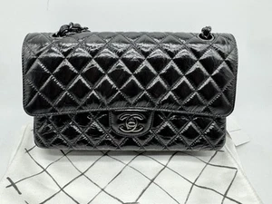 CHANEL TIMELESS CLASSIC MEDIUM HANDBAG SHINY QUILTED ALL BLACK #A01112 B02752 - Picture 1 of 23