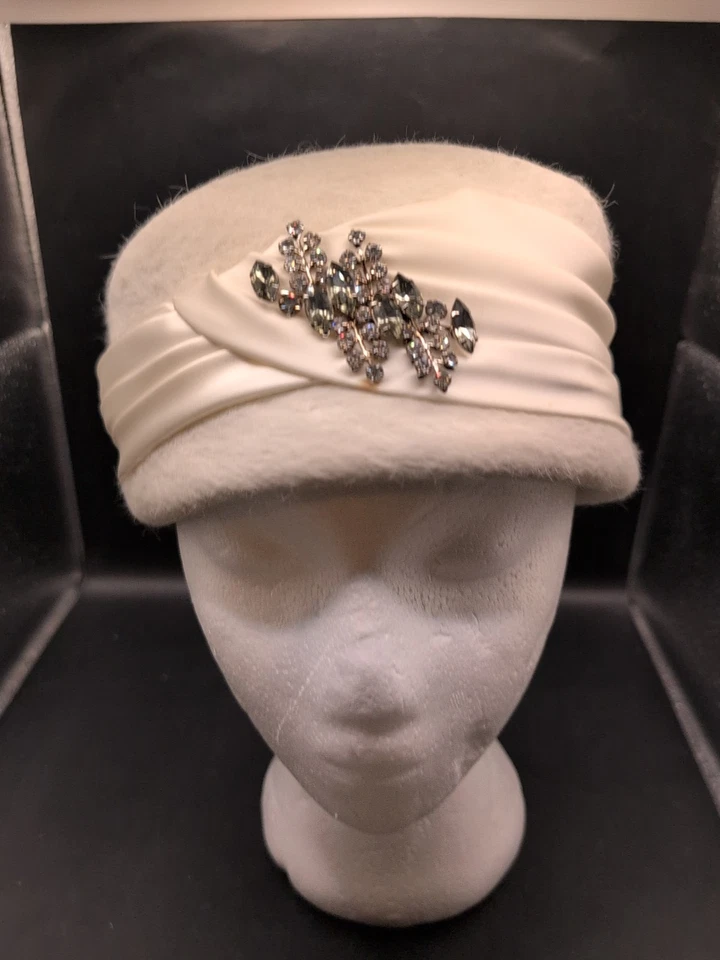 Vintage Bunny Fur Pill Box Hat With Rhinestone Adornment By Lady Byrd Italy  - Image 1 of 4