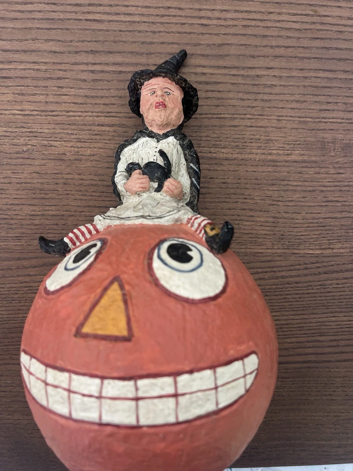 Vtg POLIWOGGS Hand Painted Halloween Sculpture (Yr. 2000- Witch/Pumpkin/Cat Folk - Image 1 of 4