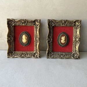 Pair  Vintage Cameo Wall Plaques Red Velvet Frames -Arabesque Burwood Barbizon - Picture 1 of 8