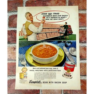 Campbells Bean with Bacon Soup - Store Shelves -1950 Original Retro Vtg PRINT AD - Image 1 of 4