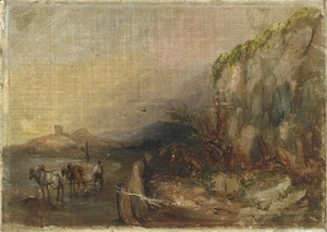 Horses & Figures In Rural Landscape - Antique Oil Painting - 19th Century - Picture 1 of 11