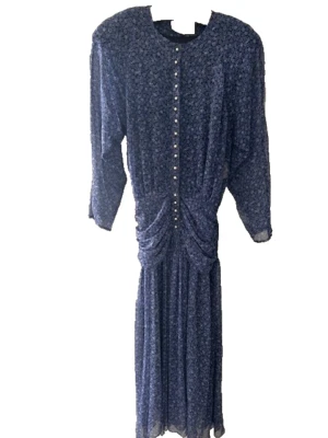 Винтажный 80-х Joan Martin шифоновое цветочный синий гофрированный Midi длины платье, Sz 12 - Изображение 1 из 4