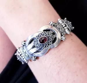 Bracciale Vintage Argento Sterling Edoardiano 7" Granato Antico Floreale Vittoriano - Foto 1 di 13