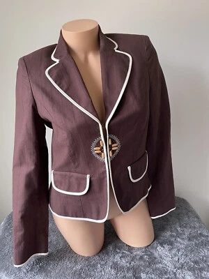 Nine & Company Womens 6 Brown Blazer Jacket Beaded White Trim Retro Tribal 2407 - Image 1 of 4