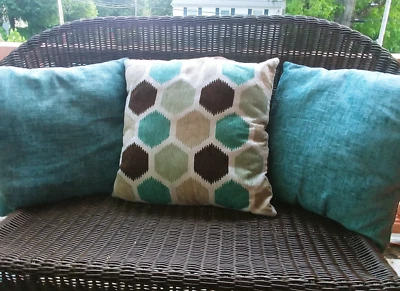 Set of 3 Throw Pillows 2 Teal Soft Chenille 16x16" & 1 Block Jaquard 18x18" Aqua - Image 1 of 4
