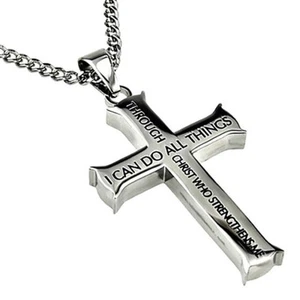 Philippians 4:13 Jewelry Cross Necklace Bible Verse Stainless Steel with chain - Picture 1 of 9