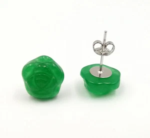 Nuevo Moda Genuino Verde Jade Rosa Flor 18KGP Pendientes - Imagen 1 de 11