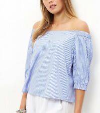 NEW LOOK BLUE WHITE STRIPE BARDOT OFF THE SHOULDER TOP CHIC SUMMER LOOK - UK 14
