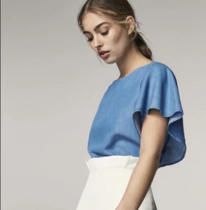 Blusa Top Azul Massimo Dutti 4 Cambray Manga Corta Flutter Nueva con Etiquetas - Imagen 1 de 3