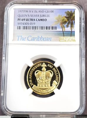 1977 B V ISLAS ORO 100 DÓLARES REINAS PLATA JUBILEO NGC PF 69 ULTRA CAMAFEO Foto 1 de 3