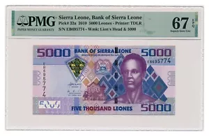 SIERRA LEONE banknote 5000 Leones 2010 PMG MS 67 EPQ Superb Gem Uncirculated - Picture 1 of 7