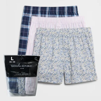 Banana Republic 平角裤 3 双男式大号蓝色花卉格子条纹平角短裤 — 第 1/3 张图片