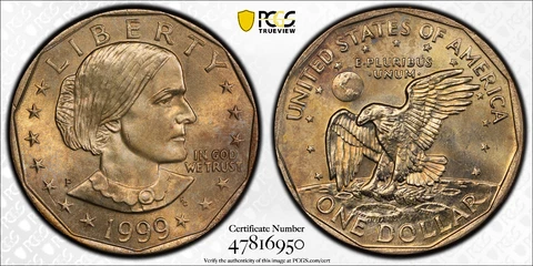1999 P TONED SBA $1 SUSAN B ANTHONY DOLLAR PCGS MS65 w/ Gold Shield & TrueView Cover