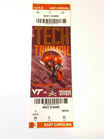 2016 Virginia Tech Hokies East Carolina Football Ticket Stub Cover
