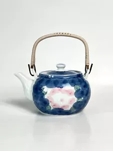 Tedera de té de cerámica japonesa Kyusu de colección mango con tapas Sencha flor azul de colección - Imagen 1 de 12