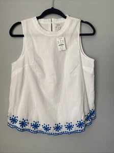 NWT J. Crew Cotton Poplin Embroidered Floral Tank Top Women's Size XS White Blue - Picture 1 of 6