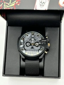 Ed Hardy Mens Mesh Gun/Silver Skull Watch ( Brand New) - Picture 1 of 8