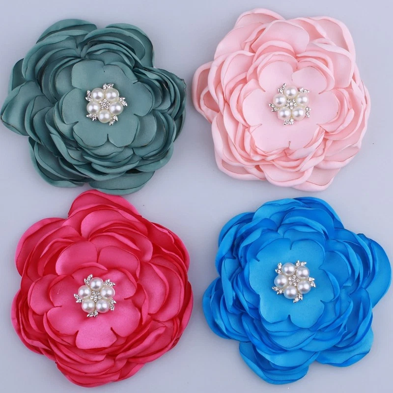 10PCS 9.2CM New Satin Fabric Burned Flowers With Rhinestone Pearl For Hair - Image 1 of 4