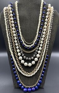 NWT Ann Taylor Gold Tone Faux Pearl Blue Bead Multi Strand Necklace T Clasp
