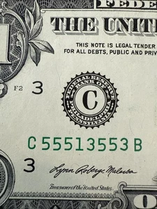 5 Of A Kind 5’s Trinary C55513553B 2021 $1 Dollar Bill Fancy Serial Number - Picture 1 of 6