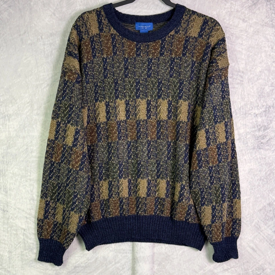 Towncraft Vintage Mens Sweater Large Acrylic Brown Blue Knit Pullover 90s Cosby - Image 1 of 4