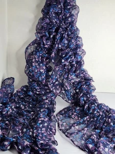 Vintage Sheer Ruffle Scarf Floral Print Blue Purple White Lightweight 44” x 12” - Picture 1 of 5