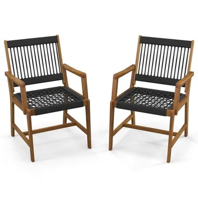 Sillón tejido de cuerda para todo tipo de clima de 2 piezas de madera de acacia para patio Foto 1 de 4