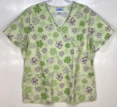 St Patrick’s Scrub Top womens size L large Saint Patty’s Day Shamrock purple grn - Image 1 of 3