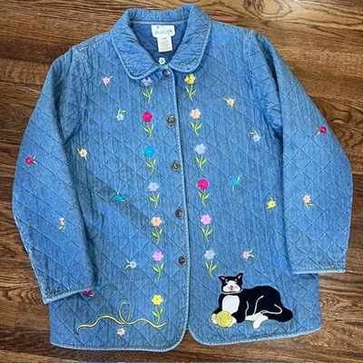 VTG The Quacker Factory Quilted Denim Blanket Jacket Womens L Cats Floral Beaded - Image 1 of 4