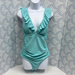 Neu Cupshe Aqua Blau Rüschen V-Ausschnitt Einteiler Damen Badeanzug XL Bauchkontrolle - Bild 1 von 6
