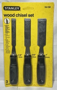 New 3 Pc STANLEY WOOD CHISEL SET #16-150 Black Handle 1/2", 3/4" & 1" - Picture 1 of 4