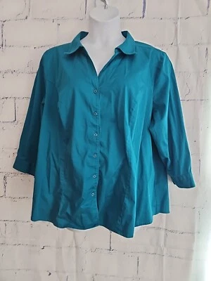 Lane Bryant Teal Blue Green Button Blouse Plus size 28 Collar V-neck 3/4 Sleeve - Image 1 of 4